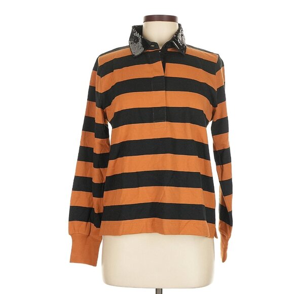 🎁 50% OFF Bundles 🎁 NWT J.Crew Sequin Collar Striped Rugby Top Black Stripe - Picture 4 of 8